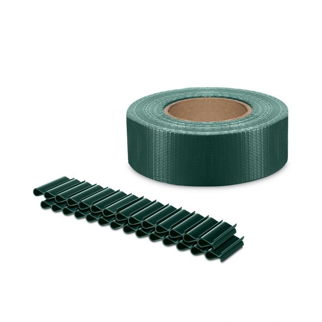 Tvoros segmento juosta MIKKO 47,5 mm x 35 m + 28 vnt. laikiklių (450 g/m²), PVC